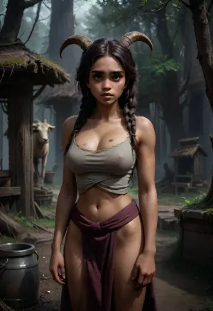 Abandoned northern Russian village, decayed wooden houses, old broken well, twisted leafless trees, dense fog, eerie mystical atmosphere. A young woman with long white braids, wearing a traditional Russian patterned headscarf, full-figured body, strict facial features, cold expression. She stands near the well with a bucket. Behind the trees, a supernatural creature watches — a faun-like demon with goat hooves, dark skin, glowing eyes. Cinematic lighting, high detail, ultra-realistic textures, dramatic shadows, 8k, highly detailed environment, atmospheric depth, sharp focus on main characters, photorealistic., clvnhvs, 4ng3l, face, <lora:DetailedEyes_V3:1.6>, <lora:Animated_Concept:.8>, <lora:clovenxl_v1:.8>, <lora:dark:1.8>, <lora:SDXL_BetterFaces-LoRA_v1:2>