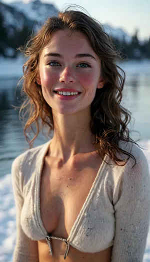 Score_9, beautiful slender 26-year-old woman standing by a Wisconsin lake on a winter afternoon, (show from thighs up:1.2), slender petite pale Midwestern American woman, 26 years old, messy neckline-length very wavy dark black black hair, long oval-shaped face, amused dark blue eyes, dark eyebrows, strong cheekbones, shy infectious smile, lip gloss, slight overbite, prominent freckles especially on nose and cheekbones and chest, (wearing an unzipped Norwegian ski pullover:1.4), ((breasts exposed)), bottomless, exposed hairy bush, pale skin with faint tan lines, slender, perky boobs, highly detailed skin, tight ass, wholesome, hairy bush, realistic skin with natural pores and blemishes, damp sweaty skin, smiling, in ecstasy, handslora, hyperdetailed, cinematic, photo realistic, hyper realism, key visual, intricate detail, highly detailed, vibrant, exciting, nighttime, lots of shadows, romantic, masterpiece, but, braless, Wearing, clothes, that, make, sense, with, Braless>, <lora:MJ52:2>, <lora:add-detail-xl:2>, <lora:BUT_SDXL_SHS:.3>, <lora:bralessSDXL_v1_00022:1.2>