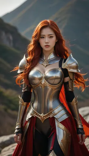 korean MMORPG character design, 1girl, woman, mountain antipaladin lord, (armor:1.3), bombshell hair, shiny red-orange hair, Finger Waves, very long hair, toned hourglass figure, korean, <lora:EnvyEnhanceXL01:1>