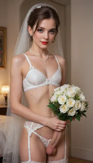 1 femboy, Caucasian, sissy, feminine, feminized, pixie haircut, brown hair, short hair, wedding lingerie, white garter belt, wedding night, no chest, no breasts, white slutty panties, flirty smile, white wedding veil, white weddingdress, pearl necklace, heavy eye makeup, red lips, blush, big eyelashes, shame, medium cock, holding bouquet of flowers, candles, flower petals, perfect cutie face, night time, Object, gd, sex, toy, medium, erect-femboy, erect-penis, testicles, erection, (negative_v2, Color_Balance_Calibration:.8), blue, hair, green, eyes, gradient, flat, chested, <lora:xpenis-1.5e:.5>, <lora:Penis_XL:.5>, <lora:SDXLlora13ErFut:1>, <lora:akane:.5>, <lora:flat_chested_v3.5:2>