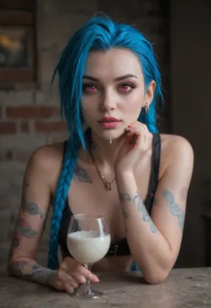 drinking cum in a glass, jinx, (league of legends), pink eyes, b, conrtneo, neon, concrete, <lora:MIAOKA_JINX_1.0_SDXL:.8>, <lora:- SDXL - conrtneo _neon-concrete _V2.0:.8>, drop of cum on her lips