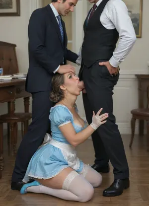 (2 old granddaughters), 1 single mature woman, in a mansion office, (a fully dressed, chubby:1.3), (mature:1.5), very busty, big ass, grandmother maid with blond hair, lace white big headband, lace blue apron, lace white stockings, blue stiletto heels, lace blue long gloves to shoulders, one breast naked out from dress, is, (kneeling), and giving blowjobs to, (two, suited, (oldest), smiling men), (men are sitting in their chairs:1.4), in the mansion office, side view, (deepthroat:1.5), Two young men are getting blowjob from the mature maid, while a classy boss lady is watching, (a lot of fully dressed Ladies background:1.6), woman, sucking, a, cock, <lora:WTS - WhatTheSuck - v1:1.3>, <lora:detailed_notrigger:2>, <lora:tbh69-sdxl:2>