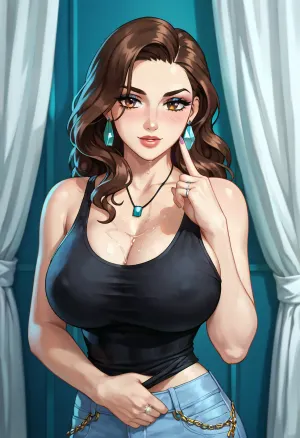 (huge silicone boobs:1), (huge boobs:2), (huge boobs:1), woman, the ambient indigo light filters through sheer white curtains, enveloping the room in a calm yet vibrant hue. Her gaze is contemplative, directed downwards with an aura of intense yet serene concentration. She gracefully holds a silver fountain pen with her right hand, hinting at the imminent outpouring of thoughts onto the page beneath her gaze. The setting is intimate, defined not by its furnishings but rather by the personal style and atmosphere conveyed through her presence and attire. Prominently, she wears a tight-fitting leather tank top, its material hugging her form, creating a striking contrast to the softness of the room. The black leather of the tank top gleams subtly under the filtered light, adding a touch of edgy elegance to her overall appearance. This choice of garment speaks volumes of her individuality – merging sophistication with a hint of rebelliousness. The backdrop, though serene and thoughtfully curated with elements of nature and art, becomes a secondary detail to the immediate impression made by her unique blend of style and poise. Her chestnut brown hair falls in gentle waves, adding a touch of softness that balances the bold statement of her leather top. The minimalistic approach to her makeup – with just a hint of peach on her cheeks and a natural gloss on her lips – compliments the refined boldness of her attire. The silver ring, adorned with an opal on her index finger, stands as a singular piece of jewelry, highlighting her preference for meaningful accents over ostentation. Poised to write, her posture communicates readiness and anticipation, the essence of a woman who cherishes solitude as a gateway to creativity and introspection, all the while embracing a style that is distinctly her own.