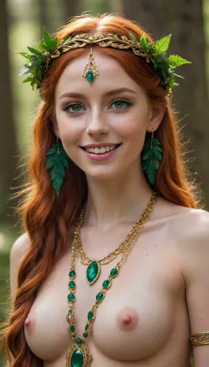 (masterpiece, best quality), perfect illumination, (best shadow), magical forest, Elven woman, long braided red hair. beautiful emerald green eyes, freckles, slim body, toned abs, shaved pussy, ((nude)), (covered in gold glitter), ornate wreath headdress, ornate gold bracelets, ornate gold earrings, smiling, bright smile, white teeth, seductive