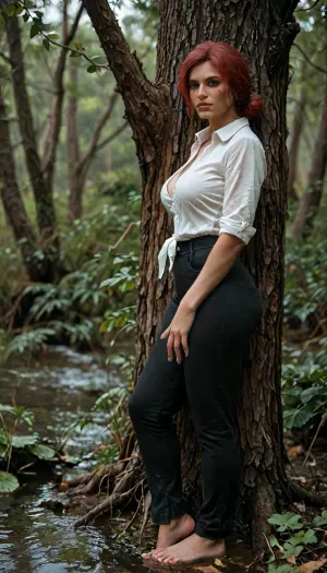 8k, score_9, score_8_up, score_7_up, Cinematic still the viewer looks down at a submissive girl, FILM PHOTOGRAPHY STYLE, cinematic photography of a woman, professional portrait photo realism, masterpiece, best quality, high resolution, hires, score_6_up, (Triss Merigold from the Witcher:1.4), incase, style, ratatatat74, solo, side view, close up, large breasts, black leather pants, wide hips, thick thighs, looking at viewer, detailed pupils, leaning against tree, detailed, misty, swamp, full body view, <lora:ratatatat74-000050:1.3>, <lora:detailed_notrigger:2>, <lora:add-detail-xl:.8>, <lora:LCMTurboMix_Euler_A_fix:.8>, <lora:style_lora_realis:.8>