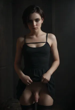 Beautiful FEMBOY Slut, standing, (medium penis:1.3), (Penis erect:1.5), very short pixie cut boyish hair, heavy emo makeup, pale white skin, sexy dress which she is lifting to show her cock, Flat chested, Stockings, no underwear. SCENE, romantic bedroom in a BnB, night, dark scene, dark background, bright flash and second fill flash, focused, flash, photo, erect-futa, erect-penis, woman, testicles, erection, skirt, lift, zavy-cnmtc, <lora:sdxl_darkflash_v6-000060:1.7>, <lora:dark:.3>, <lora:SDXLlora13ErFut:1>, <lora:skirtLift:.6>, <lora:zavy-cnmtc-sdxl:1.7>