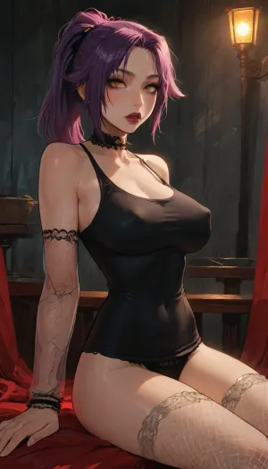 ((Incase mix reiq style)), style, masterpiece, ((yoruichi shihounin)), dark skin, sitting, (dynamic pose:1.2), ((massive breasts)), fishnet leggings, fishnet sleeves, black tank top, lace choker, high waist panties, (artificial light), dynamic lighting, dark room, at night, big lips, black lipstick, (swollen nipples), (big lips:1), midriff, detailed abdominal muscles, (covered nipples:1.2), (under boob:1), raised nipples, (huge giant tits:1), (thick thighs), soft nipples, breasts bursting out, (leaning back:1.3), arched back ratatatat74, jtcstyle, SamDoesArts, <lora:LCMTurboMix_Euler_A_fix:.6>, <lora:ratatatat74-000050:1.1>, <lora:mk_Bp Anime_xl:1>, <lora:加藤彩style:1.8>, <lora:SDXLSamDoesArts:1.7>