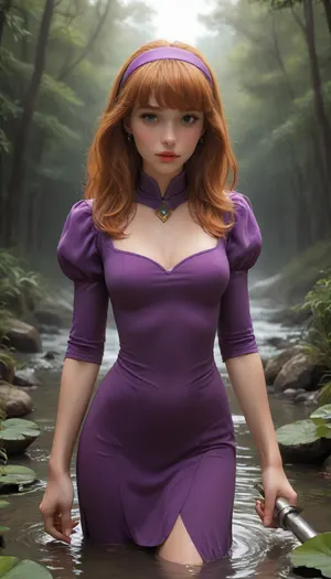 masterpiece, best quality, high resolution, hires, score_9, score_8_up, score_7_up, score_6_up, (Daphne Blake:1.4), skimpy purple short dress, long straght hair, purple headband, Standing in a swamp holding a flashlight, ratatatat74, incase style, fantasy, woman, cum, on, face, <lora:ratatatat74-000050:1.3>, <lora:JustCum:2>