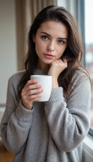 young brunette, petite slim build, in an oversized short gray sweater dress, cozy morning at home, soft window light, fresh no-makeup face, pensive gaze of dark grey eyes, slight shadows under eyes, natural pink lips, peach fuzz on face highlighted by light, messy black hair, holding a mug of coffee, pose of cozy solitude, quiet morning atmosphere, full body shot, intimate portrait, highly detailed, warm tones