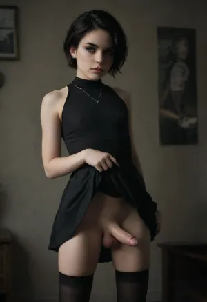 Beautiful FEMBOY Slut, standing, (medium penis:1.3), (Penis erect:1.5), very short pixie cut boyish hair, heavy emo makeup, pale white skin, sexy dress which she is lifting to show her cock, Flat chested, Stockings, no underwear. SCENE, romantic bedroom in a BnB, night, dark scene, bright flash and second fill flash, focused, flash, photo, erect-futa, erect-penis, woman, testicles, erection, skirt, lift, zavy-cnmtc, <lora:sdxl_darkflash_v6-000060:1.7>, <lora:dark:.3>, <lora:SDXLlora13ErFut:1>, <lora:skirtLift:.6>, <lora:zavy-cnmtc-sdxl:1.7>