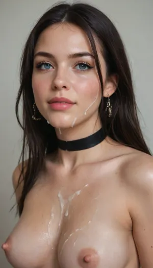 Woman, 35 years old, pale white skin, black choker, long black hair, medium-sized natural breasts, extreme close-up of a bukkake, view from top and from the side, happy expression, ejaculations, facial portrait of her with her face covered in semen, with minimalist natural makeup, lots of thick and liquid semen on her face, semen on her eyelashes, semen on her eyelids, semen on the skin of her cheeks, face wet with semen, semen on her lips, semen in her hair, semen dripping, excess semen between her breasts, perfect nipples. No drawings or animations, ultra-realistic image. more cum, more semen, perfect tits, cumshot on face