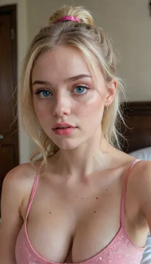 18yearold blonde cutie with the cutest face possible, very slim body, pale skin, small body, ((pink top with the text “CUM SLUT” printed on it)), (busty perky boobs), (cleavage), freckles, terrified of the viewer, eye contact, long wavy hair in a high ponytail with a pink scrunchy, wide panicked eyes, blue eyes, bedroom, stud earrings, toned belly, 4ng3l, face, <lora:SDXL_BetterFaces-LoRA_v1:.3>