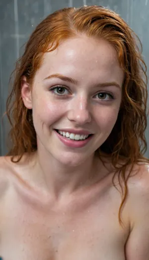 ziprealism, (27yo Scottish woman, natural beauty, candid casual esthetic:1.4), (embarrassed shy eye contact, soft cheesy grin, bashful pose, exasperated:1.8), (f/2.8, shallow depth of field, subtle bokeh), (focus on breasts:1.4), (vibrant ginger hair with dark roots, frizzy hair, pale porcelain skin:1.6), (athletic body), (full lips, soft lips, moist lips:1.2), (natural skin texture, long delicate eyelashes, adorable overbite with buckteeth, freckles, large expressive doe eyes:1.2), (modern shower, wet hair, washing hair, drenched, soaking wet, wet skin, wet face, standing in shower, wet glass door, rain shower:1.8), (huge breasts, natural breasts, pale nipples, slender waist, pubic hair:1.4), Stable-Yogis-Makeup-Enhancer-XL
