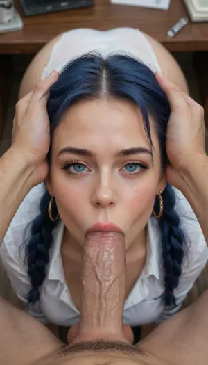 blushing, wet skin, pigtails, indigo hair, sweaty, male POV, blowjob, deep oral penetration, arch in throat, ejaculation, cumshot, head grabbing, head down, cock in throat, deep blowjob, big cock, extremely big cock, from above, extremely beautiful, extremely, perfect face, perfect skin, long eyelashes, thick eyelashes, (side view), shiny pink lip gloss, gold earrings, big lips, (big, extremely round butt), extremely plump butt, ((butt sticking out)), extremely tight butt, facing the viewer, boss's office, deep butt crack, waist, flirtatious, round eyes, dimorphic female face, deep ass crack, bubble butt, focus on extremely juicy bubble butt, plump ass, eye shadow, office, round ass, big ass