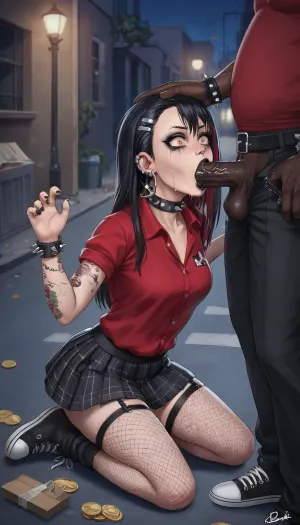 ((Interracial, African man, black cock)), Kneeling, hayase nagatoro, blowjob, deepthroat, fat black man, fully clothed, black hair with red highlights, glamorous goth makeup, black lipstick, spiked choker, spiked bracelets, red collared shirt, pleated black plaid skirt, garter belt, fishnet stockings, converse, tears, surprised expression, street, night, outdoor, lane, trash box, drop metalic coin, money, dollars, TattooVariations, 3m0, Punk, G1rl, portrait, makeup, glowing, punk, 1girl, emo, girl, <lora:TattooVariations:1.9>, <lora:Emo_Punk_Girl:1>, <lora:2010s_Emo_Style_XL:.8>