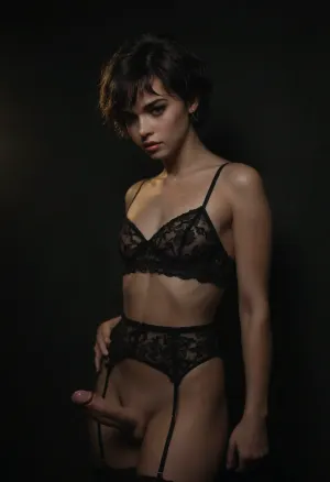 Beautiful FEMBOY Slut, standing with one hand on a hip, (medium penis:1.3), (Penis erect:1.5), short boyish hair with long bangs but otherwise very short pixie cut hair, Sheer top, Flat chested, Stockings, Garter belt, no bra or panties. Scene, romantic bedroom in a BnB, night, dark scene, dark background, bright flash and second fill flash, focused, flash, photo, <lora:sdxl_darkflash_v6-000060:1.3>, <lora:dark:.3>