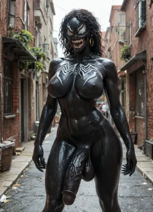 A futa symbiote like the comic book venom posing hungrily in an alleyway. Venom, futa, huge cock