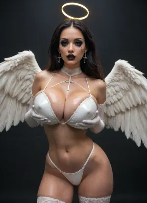 (On a radically black background), Experienced gothic bimbo porn star, (strokes her lower abdomen with her hands:1.3), wings like an angel, (halo above the head), (huge bimbo breast:1.39), huge erect nipples showing through clothes, (big silicone ass:1.2), (wide hips:1.2), curvy, perfect slender legs, naked belly, navel, (gothic makeup:1.5), (oiled:1.1), black hair, long straight hair, (cross earrings), (white latex lingerie:1.1), white fishnet stockings, white long latex gloves, <lora:add-detail-xl:.8>, <lora:ThePitXL:.8>