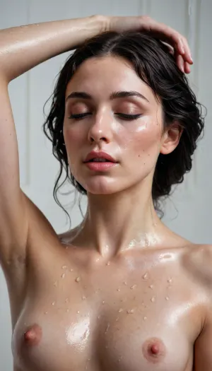 young artistic brunette model, flawless smooth body, covered in iridescent oil and water droplets in a white studio, artfully posed like Botticelli's Venus. Face in a trance-like state, eyes closed, oil droplets beading on her lashes, cheeks, and lips. Black hair wet and streaked with oil. Body curved, one arm across her chest, creating liquid, painterly lines. Sensuality as pure visual art, texture of oil on skin. Full body shot, clean studio lighting, extreme close-up details, hyperdetailed, fine art photography.