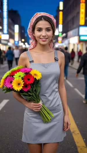 young brunette flower seller, slim build, in a simple short grey dress and a bright waterproof apron, standing at a crowded pedestrian crossing in a neon-lit Asian metropolis at night. Kind, hopeful face with dark attentive eyes, a direct and tired smile. Hair tucked under a colorful headscarf. Holding a large, beautiful bouquet of gerberas wrapped in cellophane, a cooler bag slung over her shoulder. Wearing practical sneakers. Leaning forward slightly, offering the flowers, motion blur of the city crowd behind her. Atmosphere of urban hustle, simple beauty, and fleeting connection. Full body shot, vibrant neon colors contrasting with her simple clothes, dynamic, highly detailed.