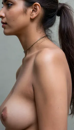 Extreme Close up of nape of her neck, from nose to waist are visible, young indian girl facing away her, 28 years old, dark indian skin, her hair is pigtail, hairy cheek, ((slightly curvy)), looking up, naked and very big saggy boobs are visible with big nipples, (delicate hair strands are visible along the nape of her neck:1.8), The lighting is soft and natural, enhancing the details of her skin and hair. The focus is on the intricate details of nape of her neck and hair, creating a highly realistic, shot from back, ((Ultimate realistic photo details)), (((dynamic sexy pose))), (((bright sunlight))), (((laser focused image))), ((small hair on skin detailed)), (natural breasts), (sightly zoomed 0.5), detailxl, <lora:WildcardX-XL-Detail-Enhancer:.8>