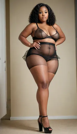 23yr old, ebony chubby, with big round boobs, erect nipples, in see through mini skirt, no panties, pussy visible . Side shot, round ass, big thighs, heels, upskirt