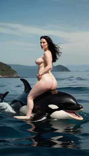 Naked woman in the ocean, mounted, riding on the back of an orca.

Woman, 35 years old, white, (((pale white skin))), MILF, long, straight, loose black hair to her waist, chubby, (((plump, hourglass figure))), medium breasts, pink areolas, prominent nipples, shaved vagina, soft thighs.

Naked woman, riding on the back of an orca whale, facing the viewer.

High-quality, highly detailed, cinematic, 8K, HD photo, MASTERPIECE.