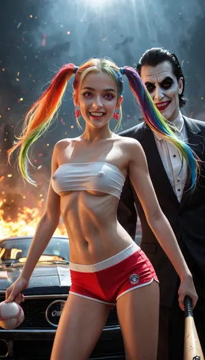 (1boy, ((Joker)), Jokerface, slim body, men's suit), //, 1girl, ((long rainbow colered hairs, high twintails hair)), (rainbow hotpants, tight bandeau top), sporty body, hourglass figure, perky ass, perky medium breasts, erect nipples, incredible legs//, hand in hand, both are crazy, baseball bats, wrecked cars, lots of damage, broken glass, fire, explosion, volumetric lighting, intricate details, perfect lighting, fine details, shot with a Leica M10 Summilux 50mm f/1.4, lifelike colors