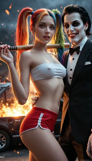 (1boy, ((Joker)), Jokerface, slim body, men's suit), //, 1girl, ((long rainbow colered hairs, high twintails hair)), (rainbow hotpants, tight bandeau top), sporty body, hourglass figure, perky ass, perky medium breasts, erect nipples, incredible legs//, hand in hand, both are crazy, baseball bats, wrecked cars, lots of damage, broken glass, fire, explosion, volumetric lighting, intricate details, perfect lighting, fine details, shot with a Leica M10 Summilux 50mm f/1.4, lifelike colors