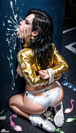 170 cm, arab, long black hair, gold adidas jacket, white Adidas sneakers, black eyes, white panties ripped, big boobs, big ass, parking, night, pov, cum on face, on knees, hands tied behind back, against the wall, topless, closed eyes, overload of cum outside her mouth, white bra pulled down, used condoms on floor, forced deepthroat