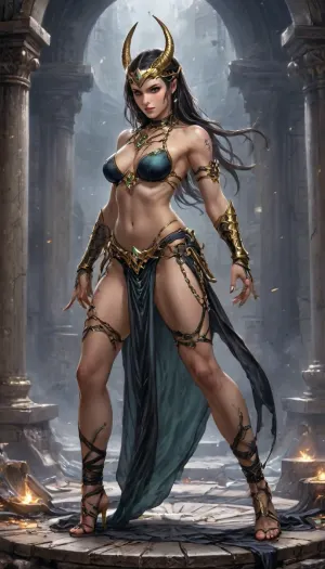 charactor card for TTRPG Guilded frame, Marvel comic Style Cover Art Concept for Elyndra, The Wind Vanguard, (photorealistic), World of warcraft art style Visual Elements, Main Character – jade an exotic dancer assassin, Central to the cover is jade, (world of warcraft art), Her long straight hair fell all the way down her back past her tight ass., (dynamic dance pose), It was as black as a raven's plumage, which only made her crystal blue eyes stand out that much more. Her eyeliner was dawn out almost like the eye of Ra and her lips were painted red. She wore a sheer jade color belly dancer lingerie with gold accents that jingled with every step she took. The top looked like a gold scorpion carapace just covering her breasts. Her stomach was bare other than gold chain jewelry and a green gem in her belly that pulsated with a sparkling glow lighting up a series of calligraphy runes on her skin. Her transparent jade loincloth flowed with the slightest move or step she took hanging off her hips showing off her tiny strappy thong. Gold chains decorates her arms and thighs as well. Her feet were dressed in sandals with straps, (comic book style), standing on a pile of bones and rubble, apocalyptic background, standing at edge of colossal underground abyss, glowing Hash-Nass hive below shaped like a malignant star, scale emphasizing inevitability and threat STYLE LOCK, (Epic dark fantasy illustration, mythic science-fantasy tone, painterly realism, Luis Royo inspired, dramatic lighting, high contrast, rich textures, flowing fabrics, ancient technology disguised as divine artifacts, cinematic composition, ultra-detailed, sharp focus, no modern elements, no text, no watermark), high contrast black and white, only one character, no horns, braided, Art, by, Boris, Vallejo, <lora:Mecha_Ggorgeous_Armor-000011:2>, <lora:Braided_Sides_V1:1.8>, <lora:Fantasy_art_XL_V1:1.4>, <lora:Granblue_Collection_XL_-_Heroes:2>, <lora:Dance_Art:.8>