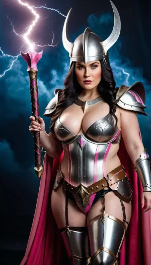 Extremely high-quality, highly detailed, cinematic, 8K, HD photo, MASTERPIECE.

Plump sorceress, pale white skin, long black hair, medium breasts, pink areolas, prominent nipples, shaved vagina, wearing sexy armor and helmet, with her breasts exposed, holding a staff and conjuring a lightning spell, full-body photo.