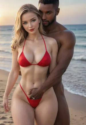 (masterpiece, best quality), explicit interracial couple caressing on the beach. French woman, blonde hair, facing the camera, 40 years old, (beautiful:1.7), (wedding ring:1.4), (curvy:1.5), ((fertile goddess)), wide hips, big bubble butt, thick thighs, dressed, red string bikini, covered breasts, protruding nipples, (soft natural teardrop breasts), (C cup breasts), perfect heavy makeup, red lipstick, seductive eyes, wry smile, looking at the viewer, closed lips, sexy head-tilt, S-curve model pose, (((embraced from behind))), his hands are caressing her body, 1man, (((male model face))), black African, black skin, swimwear, naked torso, muscular, athletic, bulging brutish muscles, his massive masculine hands are holding her hips, (caressing:1.6), . Beach, sea, sand, sunny sky, hot midday setting, energetic tone, front view, side view, sunlight lit from the front, sunlight reflecting off skin, captured with a Leica M10, Leica Summilux 50mm f/1.4 lens, sharp focus, best shadow, score_9, score_8_up, 8K, UHD, clear image, extremely sharp, extremely detailed, extremely intricate detail, high res, ultra-high-definition, highly detailed, ultra-sharp textures, finely detailed, perfect skin texture, hyperrealistic lighting, professional photography, full dynamic range, deep contrast, high clarity, realistic depth of field, HDR, perfect exposure, smooth gradients, volumetric lighting, natural reflections, ultra-fine details, realistic skin pores, individual hair strands, bokeh, soft shadows, color-graded, dvr-shrp, sexy ass, small, shadow, minimalism, <lora:attractive_notrigger:1.5>, <lora:WildcardX-XL-Detail-Enhancer:1.5>, <lora:EnvyShadowMinimalismXL01:1.5>, <lora:NSFW_Reality_Engine_XL05:1.5>, <lora:EnvyThiccXL02:1.5>