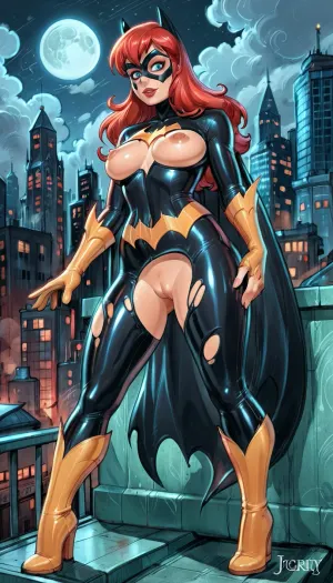 (Batgirl), (full body shot), (red hair), medium breasts, (perky nipples:1.4), city rooftop, night sky, moon, tattered clothing, (ripped clothing:1.4), perky nipples, focused expression, shaved pussy, godpussy, high contrast, (reiq style), <lora:cartoon_stickers_xl_v1:2>, <lora:ratatatat74-000050:2>, <lora:detailed_notrigger:2>