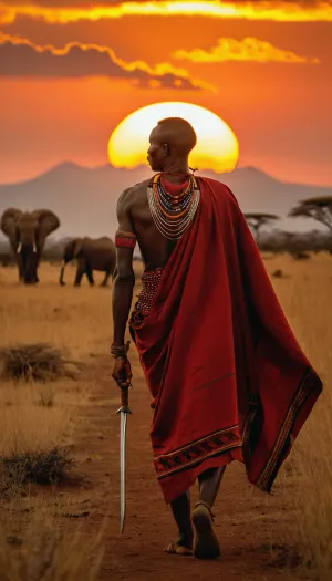 Kenyan warrior Masai, walking in Savannah in sunset, sun setting behind Kilimandjaro, proud expression, determination, éléphant in far, sunset lightning