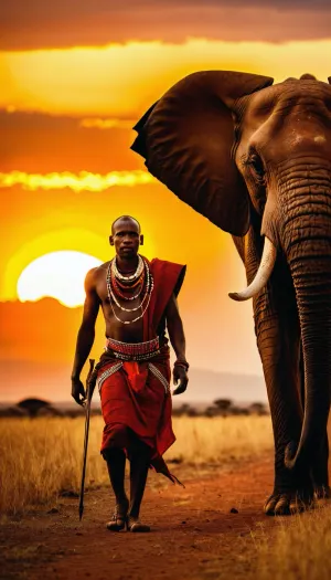 Kenyan warrior Masai, walking in Savannah in sunset, sun setting behind Kilimandjaro, proud expression, determination, éléphant in far, sunset lightning
