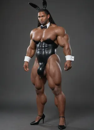 Crossdressing, man, playboy bunny, Black, African, handsome, Bunny ears, bulge, big muscles, bodybuilder. Oversized bulge. Black leather. Rubbing bulge. Cum stains. Leaking cum. Semen stains. Strapless leotard. Dark skin tone. Bodybuilder, big pecs, oversized arm muscles. Oversized pecs. Big chest. White collar. Black bow tie. White cuffs. Fishnets. High heels. Dark Skinned. Bunny tail. Black man. Dark skin. . Butt plug. White bunny tail. Oversized shoulder. Butt. Fat ass. Black leather corset over strapless leotard. Horse penis. Big balls. Equine phallus. Stocking. Garter. Long hair. Dreadlocks. Sweaty. Thick, Bodybuilder. Wide. Big muscles. Dark skin, black skin. African skin. Black, african. Ebony skin. Clean shaven, big, muscle, large, hyper, thick, limbs, thighs, arms, huge, anime, hugest, ever, muscles, . Brute. Hulking muscles. Big full balls. Oversized testicles. Balls hanging low. Dark black skin. Elf ears. gigantic black brute, only one person, only man., no woman, (tall strong muscular thug:1.1), black, dark, skin, standing up straight, stocking. Pantyhose. Horse phallus. Horse penis. Equine penis. Solo crossdressing man., <lora:bodybuilder:2>, <lora:HugeAnimeCocks:2>, <lora:Diversify:2>