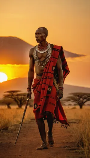 Kenyan warrior Masai, walking in Savannah in sunset, tribal tattoo, sun setting behind Kilimandjaro in background, proud and determination, warm light