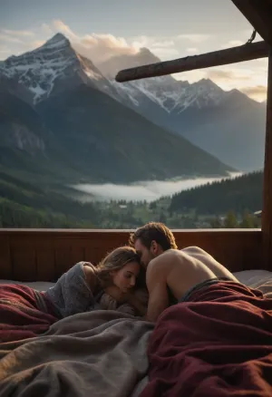 On a mountain peak, a beautifully crafted, rustic wooden bed sits in the foreground. The scene is bathed in the soft morning light, with a gentle layer of fog nestled between the mountain peaks. A couple lies cozily together under thick down blankets, their faces tenderly visible, radiating warmth and affection. In the background, the breathtaking panorama of mountains stretches out, creating a magical, surreal atmosphere
