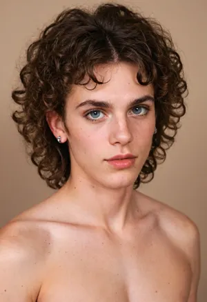 Feminine androgynous man with curly hair, makeup, Perfect, Eyes, Detailed, skin, Skin, blemish, <lora:FLUX_Polyhedron_all_Kohya_ss-000001:.8>, aidmaRealisticPeoplePhotograph, <lora:aidmaRealisticPeoplePhotograph-FLUX-V0.2:.8>, aidmarealisticskin, <lora:aidmaRealisticSkin-FLUX-v0.1:.8>, Gigachad, is, a, muscular, man, <lora:Gigachad:.8>