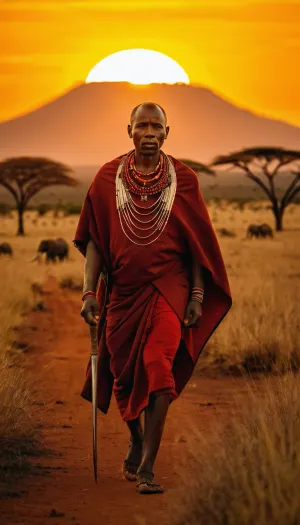 Kenyan warrior Masai, walking in Savannah in sunset, sun setting behind Kilimandjaro, proud expression, determination, realistic