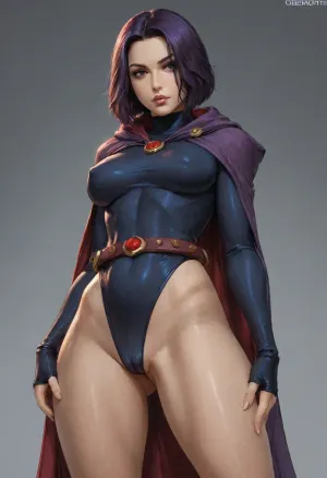 (Cutesexyrobutts art style), reiq art style, 1girl, Dc comics Raven, ((pale skin)), sleeveless navy blue high waisted leotard, skin tight leotard, purple woolen cloak, fingerless gloves with ruby inlays, forehead ruby, ruby enlay brooch, bronze belt ruby inlays, loose belt, purple bobcut hair, hand on thighs, detailed shadows, toned, simple background, (((puffy cameltoe))), vagina peek, <lora:ratatatat74-000050:1.1>, raven, <lora:Raven_XL:.8>, NEGATIVE_HANDS, [sleeves]