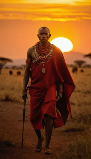 Kenyan warrior Masai, walking in Savannah in sunset as a leo, sun setting behind Kilimandjaro, proud and determination, warm light