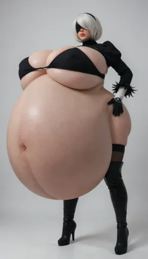 Yorha 2b from nier automata, 2b, 2b cosplay, standing, ((3/4 view)), ((extremely pregnant)), ((((gigantic pregnant belly)))), unrealistically big belly, pregnant, pregnancy breasts, serious, black blindfold covering both eyes, (((huge gigantic breasts))), outwards navel, simple background, 2B_Nier_Automata_1024, <lora:2B_Nier_Automata_1024:.4>