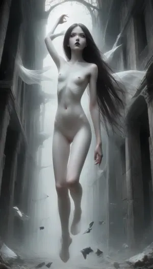 A vast, abandoned baroque palace with towering cracked columns. Peeling frescoes and soot-stained ceilings loom overhead. a lone figure emerging from the shadows, (((18yo, standing in the air, pale skin, white painted skin, unnatural white skin, unnatural black eyes, black lips))), (((extremely long black hair, slender body, full nude, extremely short body, extremely small hips, small butt, extremely flat chest, fully nude))), . High-contrast chiaroscuro—cold moonlight slashes through broken stained glass, casting sharp shadows that amplify her ethereal presence. Dust motes swirl in the beams., Slight Dutch angle, full-body portrait as she vanishes into deeper shadows., mentixis, metix, ais-ghostly, misty, ghost, floating, <lora:mentixis:2>, <lora:Ghostly_Style_SDXL:2>, <lora:PAseer-SDXL-MistyGhost:2>
