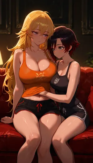 Ruby Rose, (RWBY), and Yang Xiao, cuddling and touching each other on the couch in their pajamas., (Yang Xiao is a Tall, athletic woman with long blonde hair, purple eyes, large cleavage. Yang is wearing a orange tank top and black short shorts.), (Ruby Rose is a short, petite woman with short black hair, grey eyes. Ruby is wearing a black tank top and black shorts short.), Dark, dim living room, cozy couch.

2 girls, assigned clothes, blushing, hands under clothes, cuddling, hugging, detailed eyes, large anime eyes, soft, warm, 4k detail, clear, crisp.
