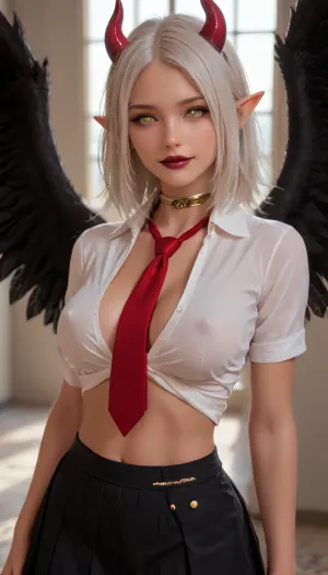 (solo:2), thin demon woman, adult face, adult, elf ears, horns, ((red demon skin:1.1)), white hair color, Gorgeous face., (solid gold eyes:1.5), gold sclera. black wings, black lipstick, supermodel, (fit:1.5), big, lips, 4ng3l, face, woman, smile, (large breasts:.1), shirt and tie, pleated skirt, gold collar, melanin, erect nipples, <lora:Beautify-Supermodel-SDXL:1.4>, <lora:SDXL_BetterFaces-LoRA_v1:1.5>, <lora:xlsanaa woman:.8>, <lora:melanin-XL:2>, <lora:Black_American_glamour_girls:.1>