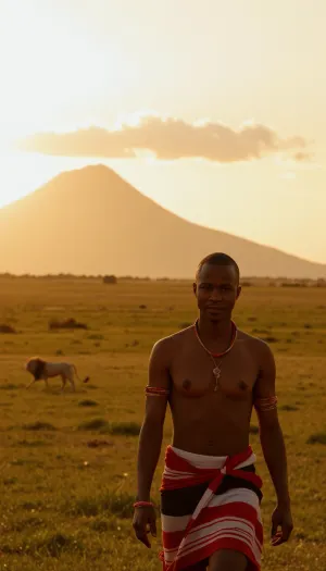 Kenyan warrior Maasai in hunting attire, walking in Savannah in sunset, Kilimandjaro, distant lion running, proud expression, realistic, warm, light, cinematic, 3200k, <lora:cinematic warm light style v1:.8>