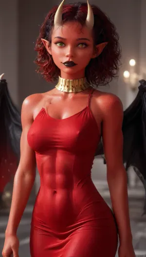 (solo:2), thin demon woman, adult face, adult, elf ears, horns, ((red demon skin:2.5)), random hair color, Gorgeous face. green eyes. black wings, black lipstick, supermodel, (fit:1.5), big, lips, 4ng3l, face, woman, (medium breasts:.9), (tight dress:1.1), gold collar, melanin, <lora:Beautify-Supermodel-SDXL:1.4>, <lora:SDXL_BetterFaces-LoRA_v1:1.5>, <lora:xlsanaa woman:.8>, <lora:melanin-XL:2>, <lora:Black_American_glamour_girls:.1>