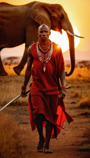 Kenyan warrior Masai, walking in Savannah in sunset, sun setting behind Kilimandjaro, proud, determination, éléphants in far, warm light